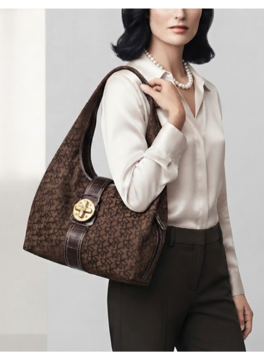 DKNY Brown Stylish Hobo Bag Jacquard Gold Buckle Turnlock Flap Shoulder Tote